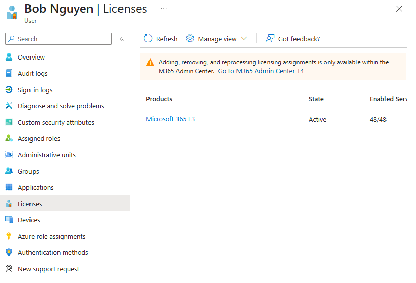 Bob assigned licenses in Entra ID