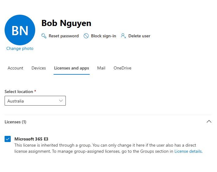 Bob showing Microsoft 365 E3 license after group-based licensing