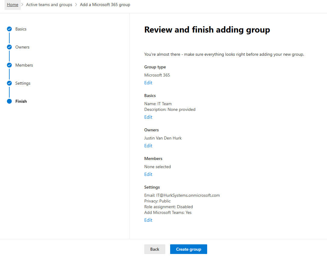 Creating the IT Team Microsoft 365 group