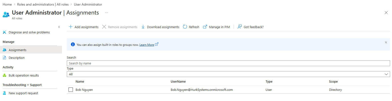 Bob assigned User Administrator role