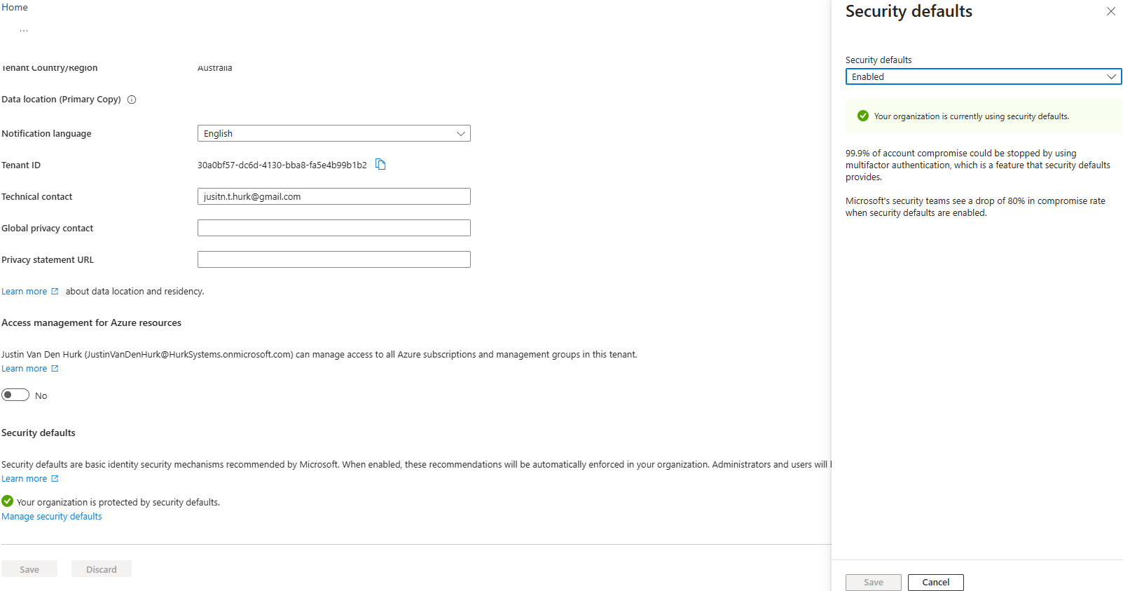 Security Defaults settings