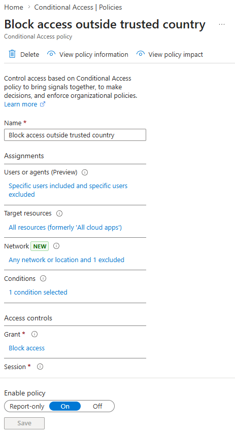 Conditional Access policy blocking access outside trusted country