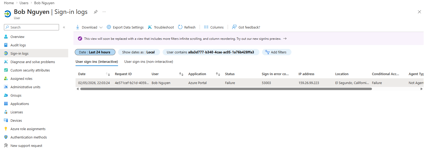 Sign-in logs showing Conditional Access status