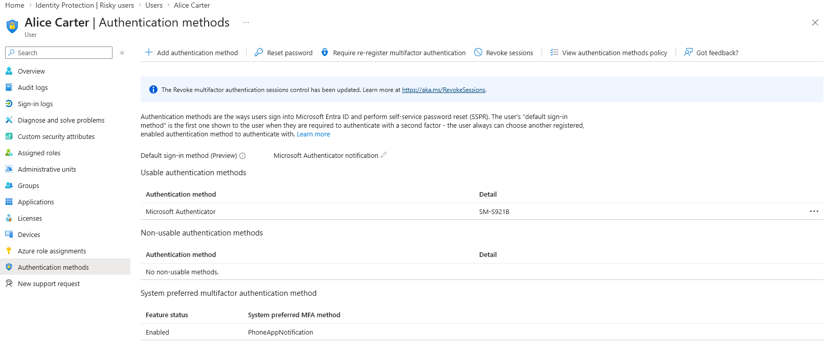 Alice authentication methods in Microsoft Entra ID