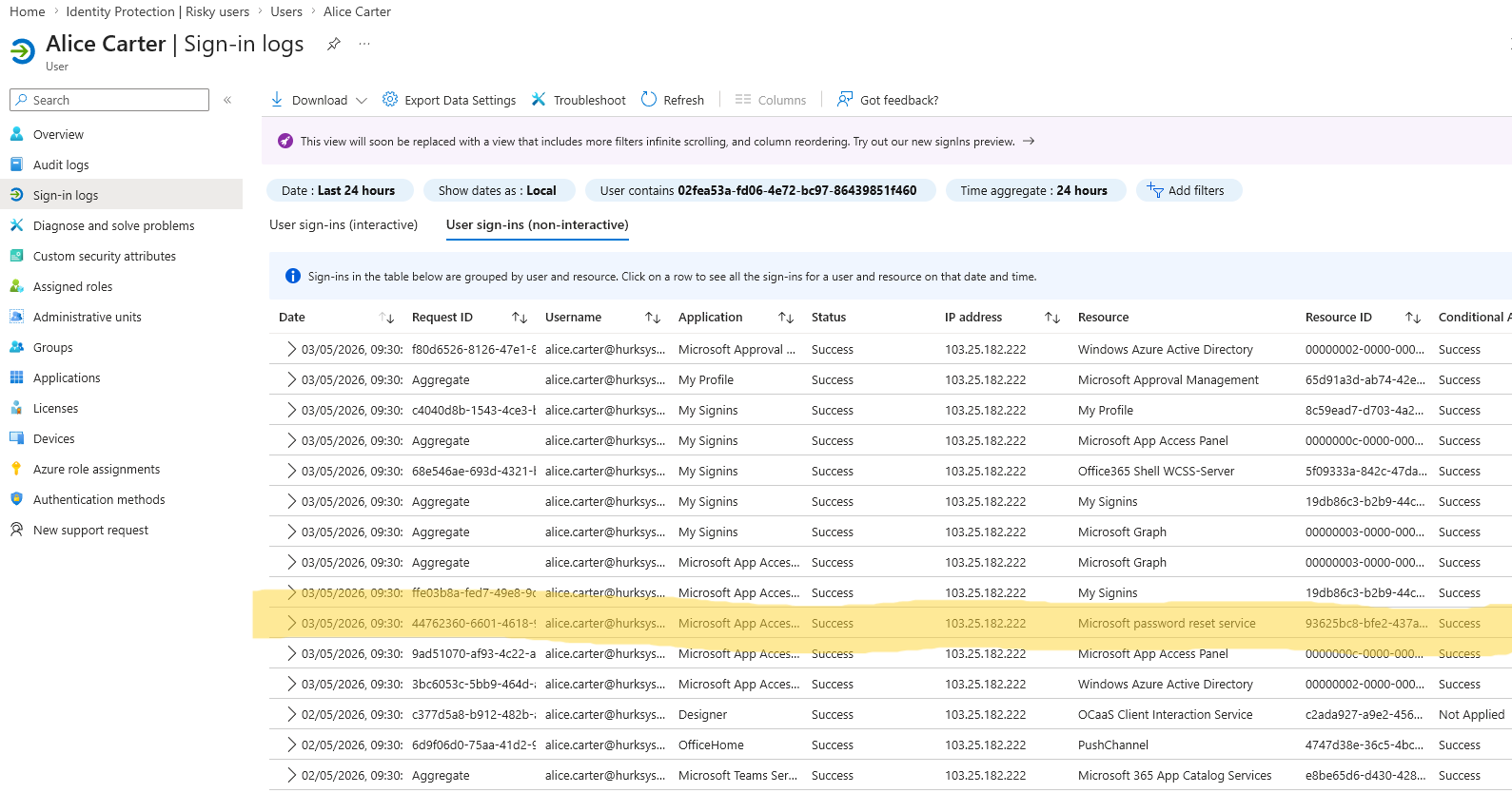 Alice sign-in log showing Microsoft password reset service activity