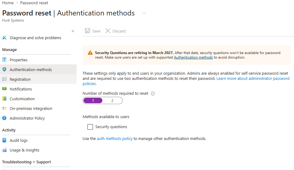 Password reset authentication methods requiring one method to reset