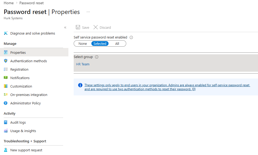 Self-Service Password Reset enabled for the HR Team group
