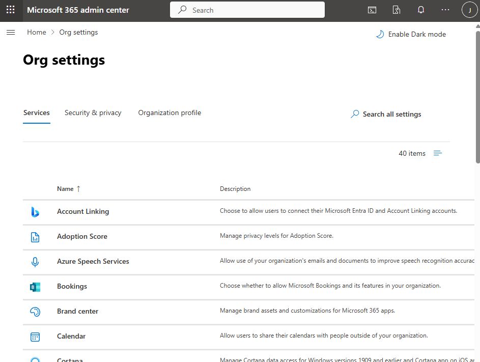 Org settings page