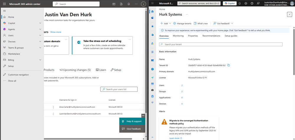 Admin Center and Entra ID side by side